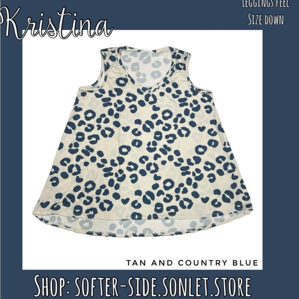 LuLaRoe “Kristina” Tan and Country Blue Leopard Print Tank Top